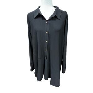 Susan Graver Blouse Liquid Knit Asymmetrical 3/4 Button up Black XL Stretch Flow